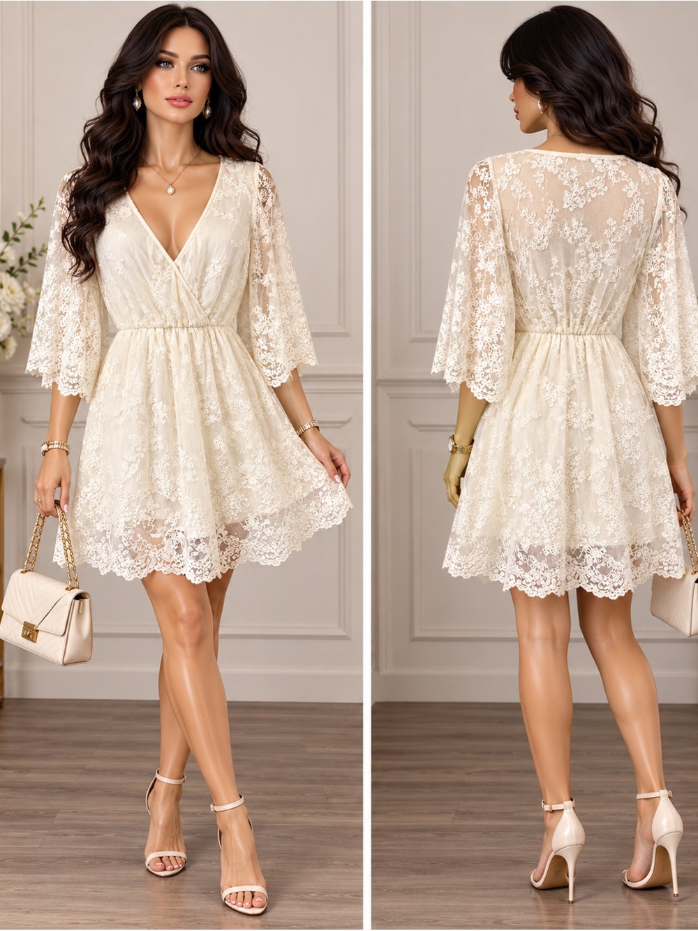 16564. Entro Ivory White Floral Lace Mini Dress Bell Sleeve Wrap V-Neck NWT